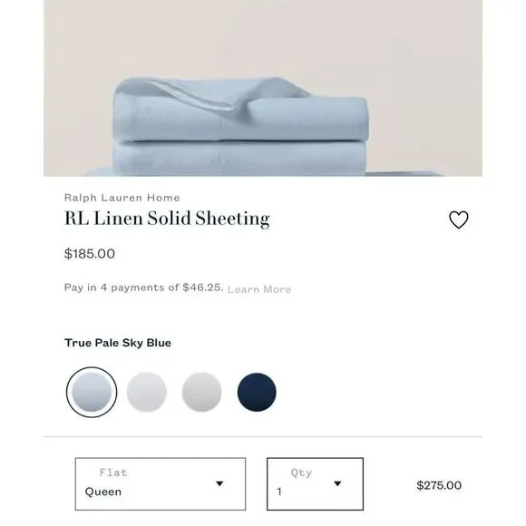 NEW Ralph Lauren Home RL Linen Solid Sheeting, true sky blue queen flat sheet, $ - Picture 6 of 6